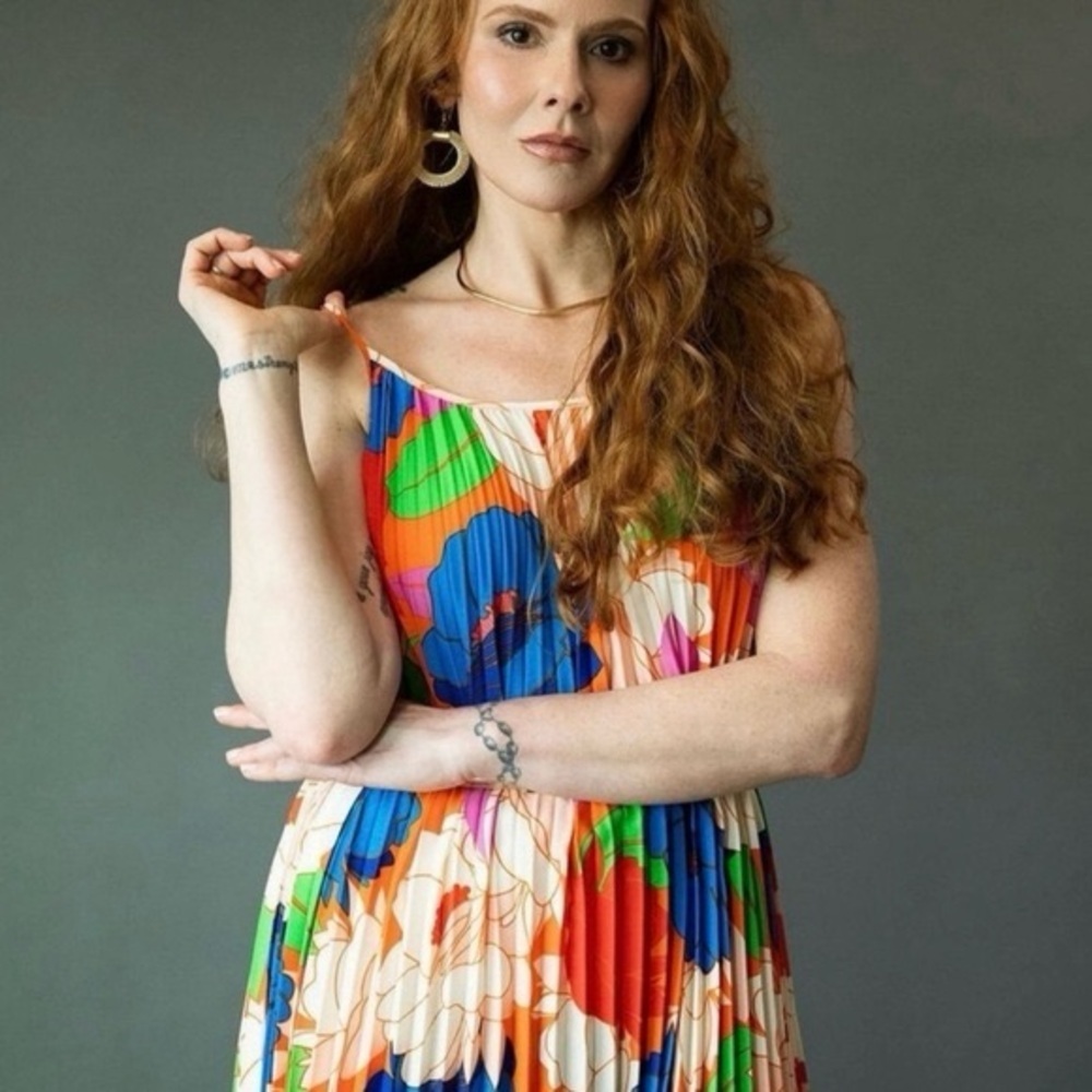 Sam Edelman Plisse Dress Retro Floral Colorful Floral Dress Size Large - Picture 2 of 10